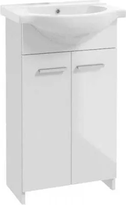 A white bathroom vanity with a sink and two doors, shown against a white background.