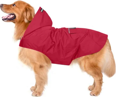 Produktbild von Regenmantel für Hunde mit Kapuze, Kragenöffnung und reflektierenden Streifen für erhöhte Sicherheit. Ultraleichter, atmungsaktiver und 100% wasserdichter Regenmantel für mittelgroße Hunde, rot