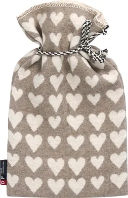 A heart-patterned hot water bottle bag.