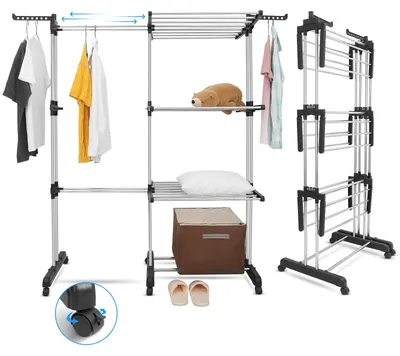 Produktbild von Turmförmiger Wäscheständer, ausziehbar von 66 bis 130 cm Länge, mit 6 klappbaren Paneelen auf 3 Ebenen, ideal für große Familien.