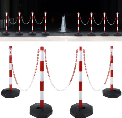 Produktbild von ACXIN stĺpik s reťazou, 82 x 28 x 28 cm Plastový stĺpik s reťazou, garáž, červený a biely (balenie 4 ks)