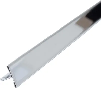 A close-up, angled shot of a polished metal trim piece against a white background.