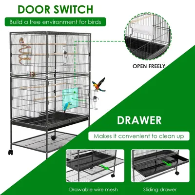 Obrázek produktu pro Klec pro ptáky - Klec pro ptáky na kolečkách - Malá klec pro ptáky - Klec pro papoušky - Kovová klec - 52x78x132 cm