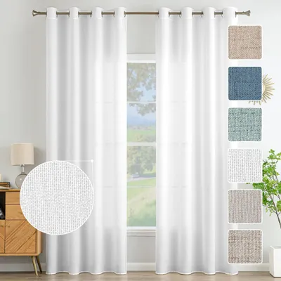 Linnengardinen mit Ösen, 2 Stück, Weiß, 140 x 145 cm