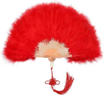 Productafbeelding van Vintage waaier, in de stijl van de jaren '20, met veren. Handzame waaier met decoratieve veren, geschikt voor bruiloften, Halloween, shows, dansfeesten en andere gelegenheden. Kan ook gebruikt worden als onderdeel van een kostuum. Kleur: rood