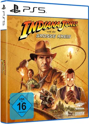 The image shows the front cover of a video game case for 'Indiana Jones und der große Kreis' on PlayStation 5.
