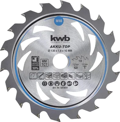 Obrázok produktu pre kwb 581854 Karbidový pílový kotúč 130 x 16 x 1,0 mm zuby 18