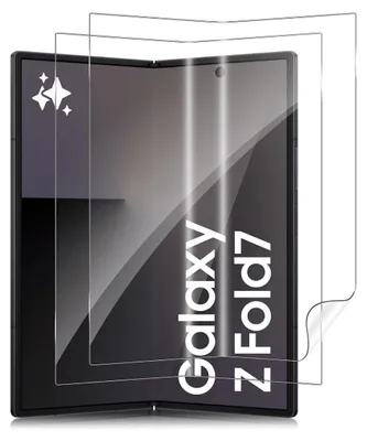 Two clear screen protectors are shown laid over a folded smartphone.
