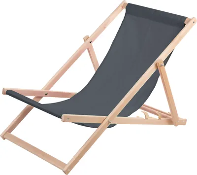 A single gray deck chair made of wood is shown against a white background.