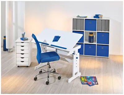 Kinderschreibtisch BARU mit Rollcontainer SIMON und Stuhl Bonnie blau