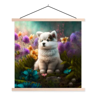 Produktbild von MuchoWow® Textilposter Welpe - Blumen - Pflanzen - Natur - Husky 120x120 cm mit holzfarbenen Rahmen - Textil-Poster