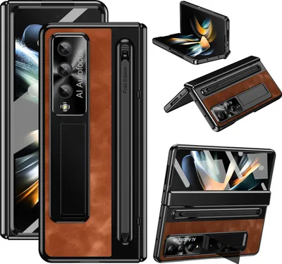 Obrázek produktu pro Pouzdro na Samsung Galaxy Z Fold 4 5G s ochranou objektivu a pantu, kožený stojánek kryts držákem na S Pen a ochrannou fólií na displej hnědé