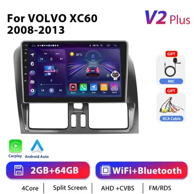 Zdjęcie produktu dla Volvo XC60 2008–2013 – radio samochodowe z systemem Android, format 2-DIN – ekran dotykowy 23 cm – CarPlay – 2 GB pamięci RAM + 64 GB pamięci ROM – GPS RDS – system Android 10