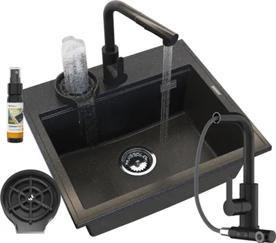 Obrázek produktu pro Granitan | Granitový dřez FOXAL - Černý - Vestavný s kuchyňskou baterií - Ergonomický design