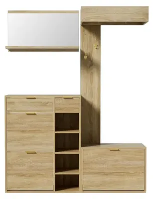 Image de Ensemble de meubles d'entrée - Ensemble de rangement comprenant : armoire, banc, miroir mural et console avec étagère - 130 × 30 × 174 cm - Panneau de particules