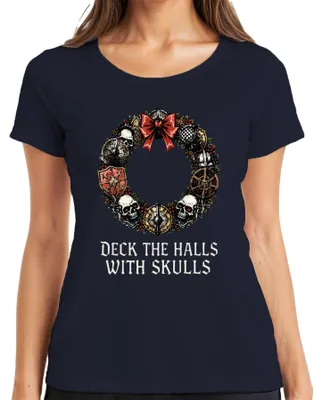 Produktbild von Deck The Halls With Skulls Totenkopf Weihnachtskranz düster Damen T-Shirt, Navy, 3XL