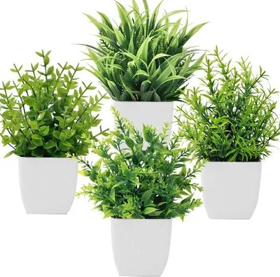Zdjęcie produktu dla Miniaturowe sztuczne rośliny, 4 sztuki, w doniczkach, z tworzywa sztucznego, do domu, biura, na stół