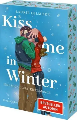 A book cover with a winter-themed illustration of a couple embracing and taking a selfie.