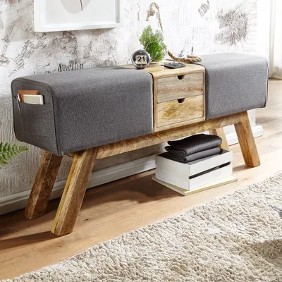 Produktbild von WOHNLING Turnbock Sitzbank Grau mit Schubladen 120x56x30 cm Turnhocker Bank aus Stoff mit Stauraum Hocker Garderobenbank Sitzhocker Springbock