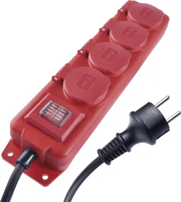 Steckdosenleiste 5 m / 4 Steckdosen / Schalter / rot / Gummi-Neopren / 1,5 mm2