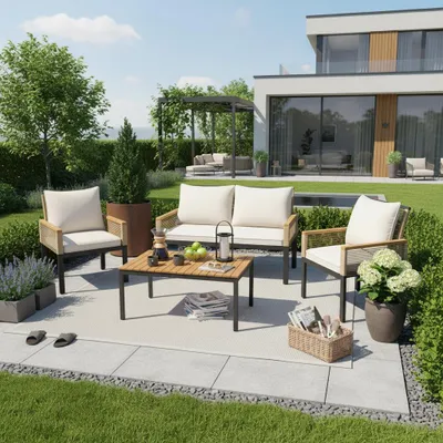 Image de Ensemble de salon de jardin – canapé deux places, 2 fauteuils et table en rotin, avec coussins confortables, mobilier de jardin résistant aux intempéries pour terrasse et balcon, beige