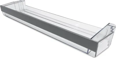 A clear, studio shot of a refrigerator door shelf.