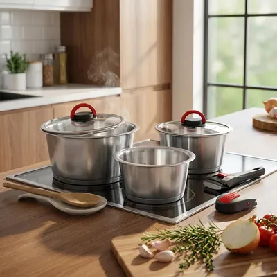 A kitchen scene with pots on a stovetop and ingredients on a cutting board.