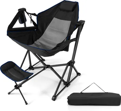 Produktbild von KOMFOTTEU Campingstuhl mit Fußstütze & Verstellbarer Rückenlehne, Klappstuhl mit Kopfstütze & Getränkehalter, Angelstuhl Picknickstuhl mit Tragetasche, für Strand, Picknick (Schwarz)
