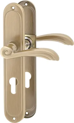 A pair of bronze-colored door handles with escutcheons, presented against a white background.
