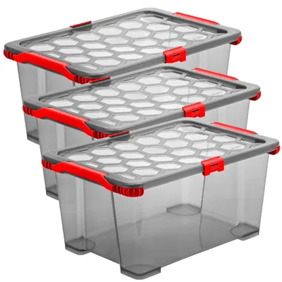 Produktbild von Rotho Aufbewahrungsbox 3er-Set 44L Evo Total - Kunststoffbox 59,0 x 39,5 x 28,0 cm - Stapelbox mit Deckel - Lagerbox Kiste sicher verschliessbar