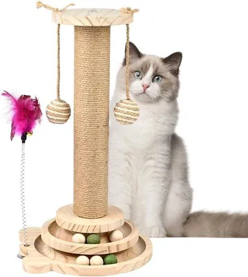 Productafbeelding van Houten Kattenboom met Natuurlijk Sisal, Speelbal en Exercisewiel voor Binnenkatten van 44,5 cm