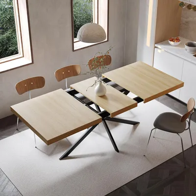 Productafbeelding van okwish Rechthoekige uitschuifbare eettafel met verborgen opbergruimte, geschikt voor 4-6 personen, ideaal voor kleine appartementen, natuurlijke uitstraling