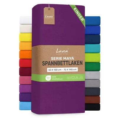 Zdjęcie produktu dla Lavea® Elastyczny pokrowiec na materac dla dzieci, 60x130 cm - 70x140 cm, wzór Maya, 100% bawełna – Miękki, oddychający pokrowiec na materace o grubości do 12 cm – kolor fioletowo-lawendowy
