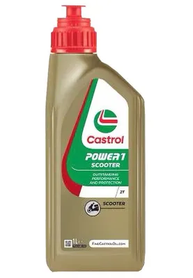 A bottle of Castrol Power 1 Scooter 2T oil.