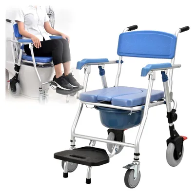 Produktbild von Duschstuhl und Toilettenstuhl für Senioren, fahrbar mit Rollen bis 150 kg, klappbar, mit Armlehne, Rückenlehne und Urineimer, Aluminium Toilettenrollstuhl