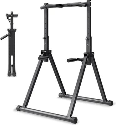 Zdjęcie produktu dla SucceBuy Składany drążek do podciągania i stacja do dipów o nośności 150 kg, stabilna trójkątna konstrukcja i wytrzymała stalowa rura, regulacja wysokości w 9 pozycjach, idealny do treningu siłowego ramion i pleców, czarny