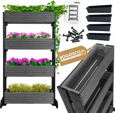 Produktbild von Set mit 4 Blumentöpfen auf einem Ständer | 4er Set Blumentopf Pflanzkübel 64x20cm | Holz Blumenkübel für Tomaten und Blumen, Pflanzentopf für Garten Balkon | 120cm Hoch BLACK