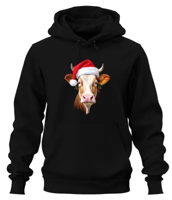 Produktbild von Weihnachtskuh Nikolausmütze Bauernhof Geschenk niedlich Hoodie Kapuzenpullover, Schwarz, S