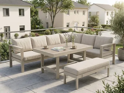 Produktbild von 5-tlg. Gartenmöbel Set Aluminium, Lounge mit Esstisch für 6-8 Personen mit Esstisch und 12 cm Kissen