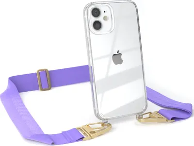 Produktbild von EAZY CASE - Hülle mit Band für Apple iPhone 12 Mini, Handyhülle mit Umhängeband, Silikonhülle transparent, Handykette in Violett