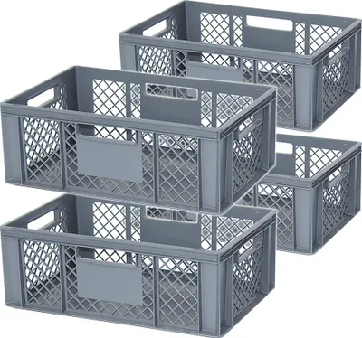 Produktbild von 4 Eurobehälter mit 4 Durchfassgriffen, LxBxH 600x400x220 mm, 43 Liter, grau