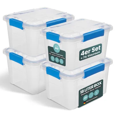 Produktbild von Kreher® Aufbewahrungsbox 18 L mit Deckel - wasserdicht & staubdicht, transparent & stapelbar, BPA- & schadstofffrei, robuste Kunststoffbox (4 Stück)