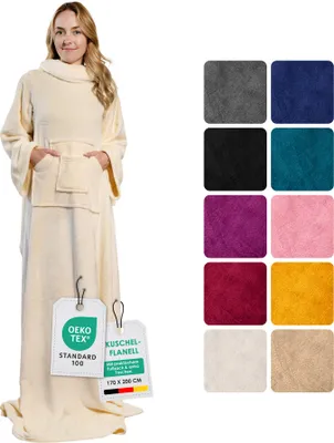 Produktbild von heimtexland ® Ärmeldecke TV Kuscheldecke mit Ärmeln Taschen Fußsack Super Soft Flanell tragbare Decke Ganzkörperdecke Typ870 Creme 200x170 cm