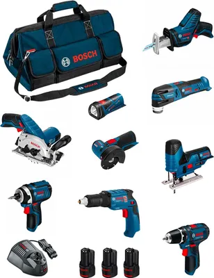 Produktbild von BOSCH Kit BMKB9-28AD3 (GSR12V-15+GTB12V-11+GDR12V-105+GWS12V-76+GST12V-70+GKS12V-26+GOP12V-28+GSA12V-14+GLI12V-80+3x2,0Ah...)