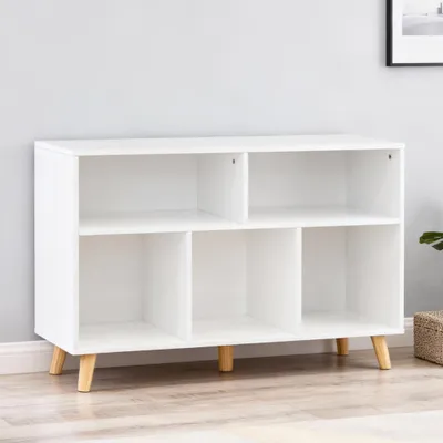 Produktbild von Weisser Mehrfach-Stauraumschrank 91x29.5x61 cm MDF mit Massivholzbeinen Aufbewahrungsschrank Regal Kommode Wohnzimmer Schlafzimmer Flur Modern