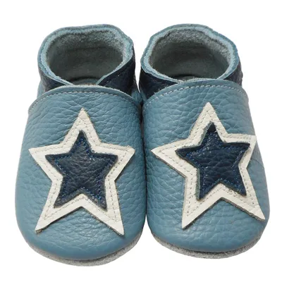 Produktbild von YIHAKIDS Baby Krabbelschuhe Leder 0-6 Monate, Lauflernschuhe mit Wildledersohle Jungen Mädchen Sternmotiv Blau Weiß