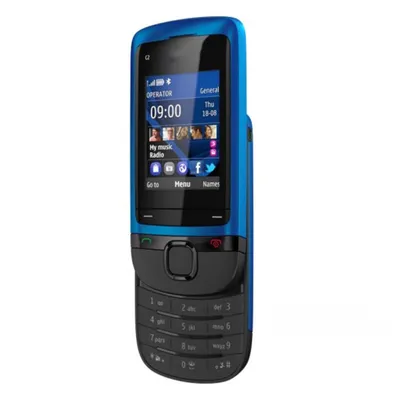 A blue and black feature phone is shown against a white background.