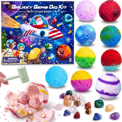 Productafbeelding van Adventskalender met edelstenen voor kinderen - 24-delig - Opgravingsset met kristalgeodes - Hamer - Jongens en meisjes