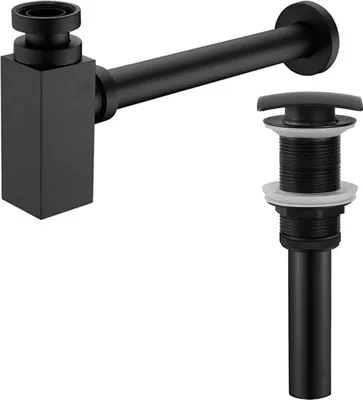 Produktbild von 2er Set Siphon Ablaufgarnitur & Ablaufventil Waschtisch Abfluss Ventil Messing  Schwarz Eckig