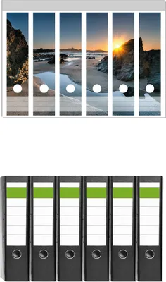 Produktbild von Wallario 6 Stück breite Ordner inkl. Klebeetiketten mit Motive Sonnenuntergang hinter einem Felsen am Strand -  Set mit Rückenschildern / Ordnerrücken Stickern